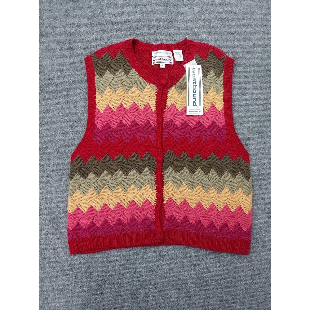 Vtg Westbound Sweater Vest Womens XL‎ Chevron Pink Hand Knitted Button Front